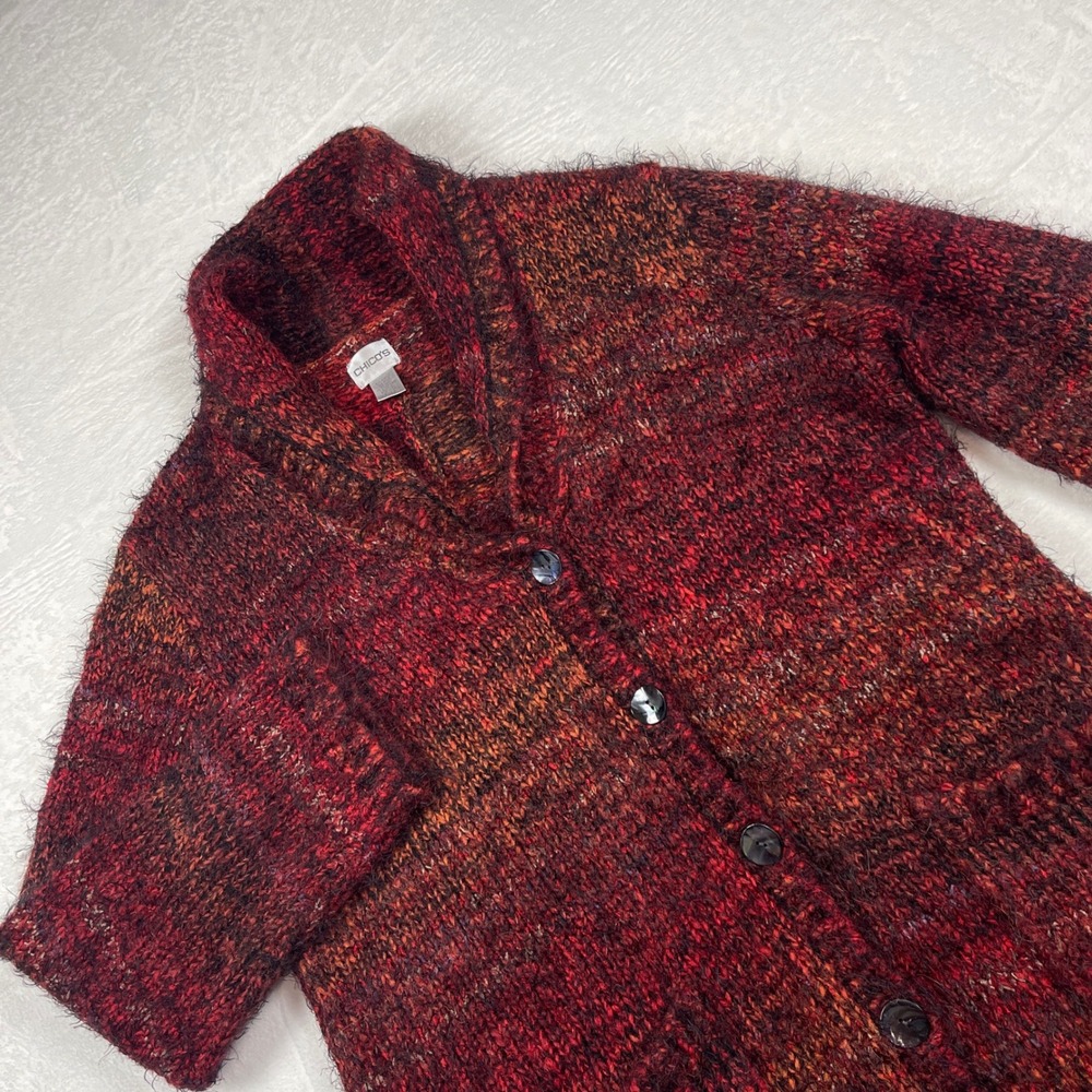 Chicos Red Multi Wool Blend Shawl Collar Duster Cardigan Sweater Sz 3 (XL) Warm